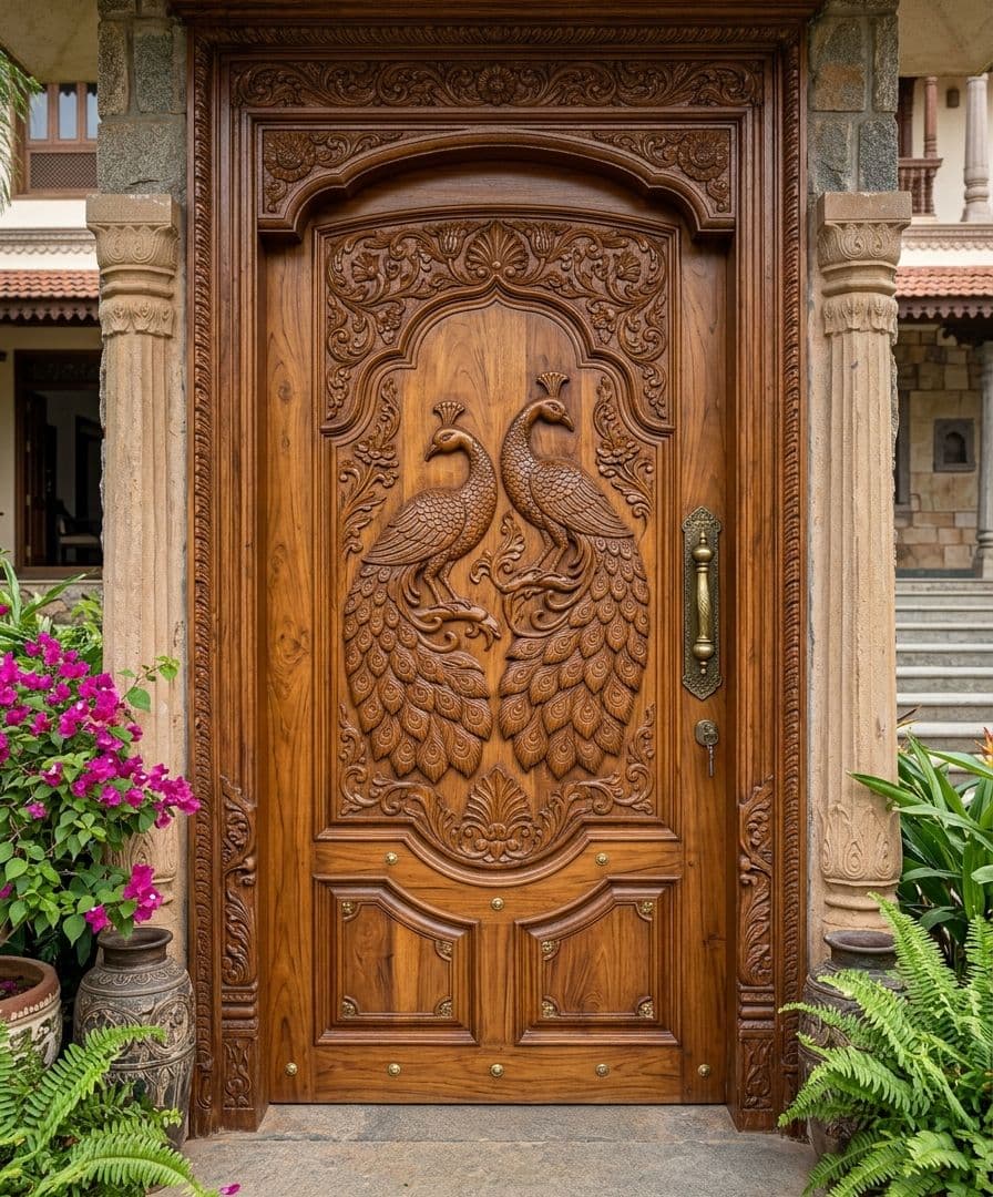 Solid Teak Wood Door with Intricate 3D Relief Carving