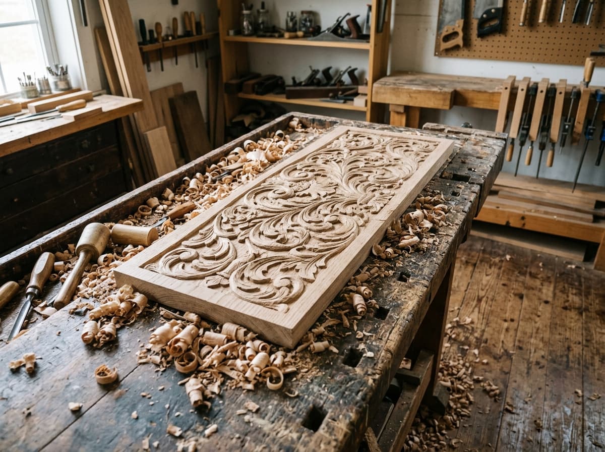 Freshly Carved Wooden Headboard Panel in Workshop